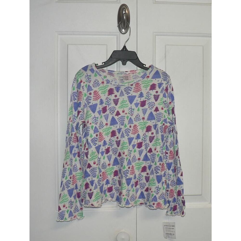 Harper Canyon Girls Lettuce Edge Holiday Egret Holiday Trees Long Sleeve Shirt 7